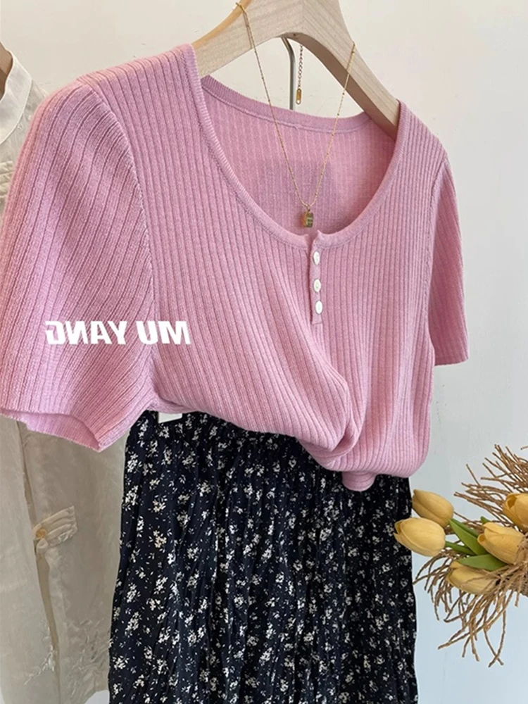 

Эластичный тонкий вязаный топ из ледяного шелка, повседневная летняя женская футболка ort Sve Base irt Faionable, простой корейский сле