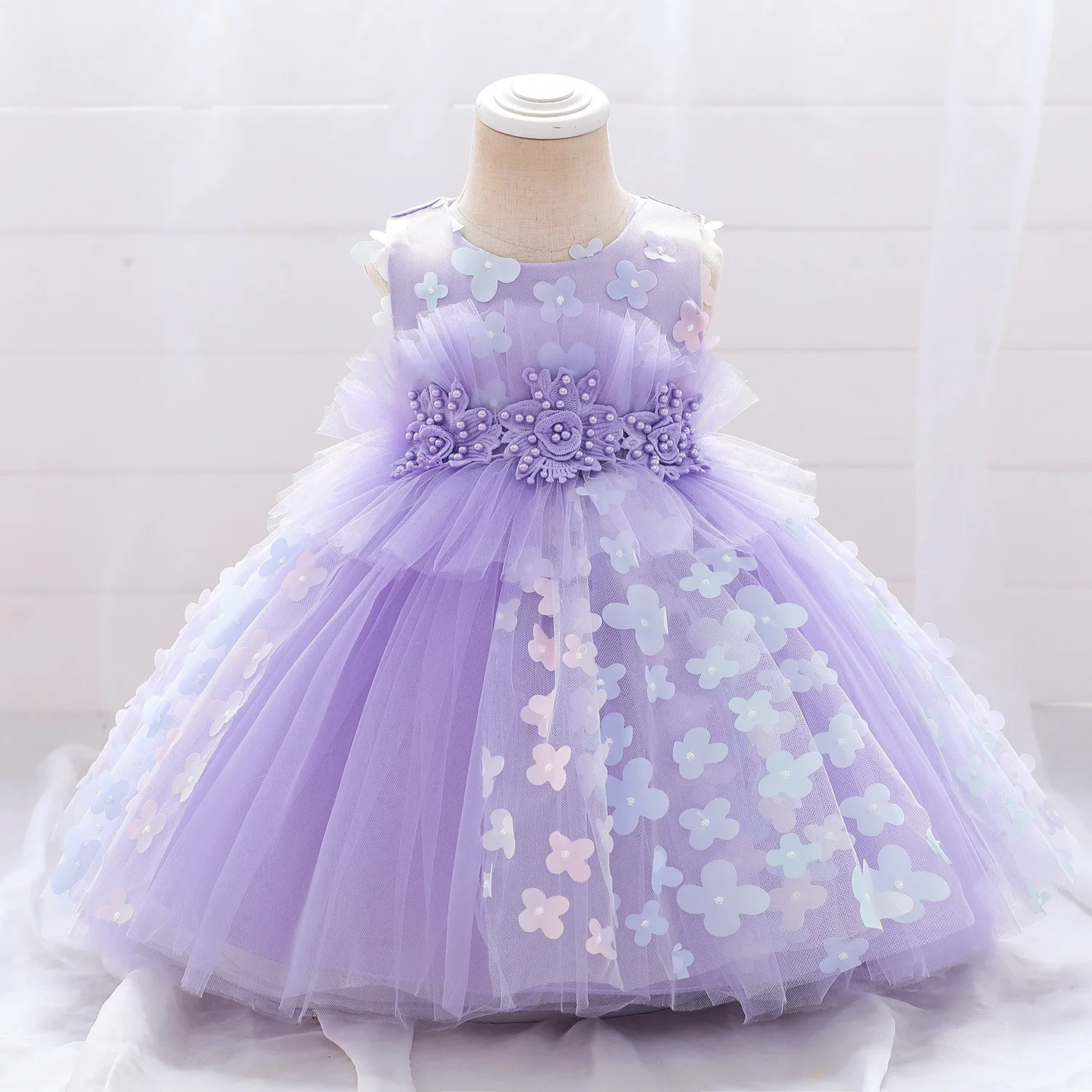 Girl Flowers Baptism 1st Birthday Party Wedding Princess Dresses Flower Kids Clothes White Pink Blue Baby Lush Dress Toddler