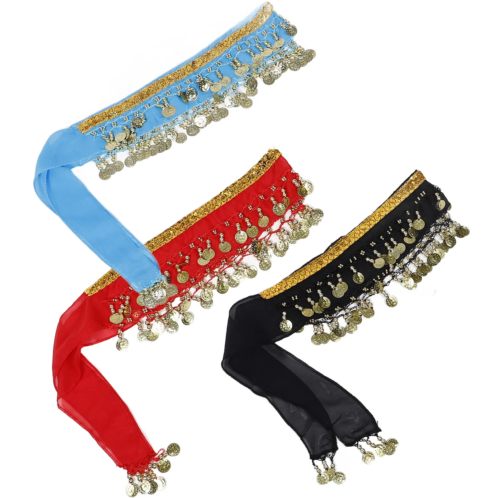 

3Pcs Hip Scarf for Belly Dancing Dangling Coins Sparkle Dance Belt Skirt Performance Outfit Tribal Fringe Wrap Accessory