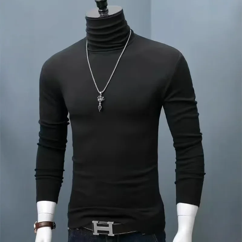 سليم صالح عالية الياقة طويلة الأكمام الرجال قاعدة قميص ملابس داخلية بسيطة لون نقي حجم كبير الدافئة الخريف تي شيرت شتوي النخالة العصرية