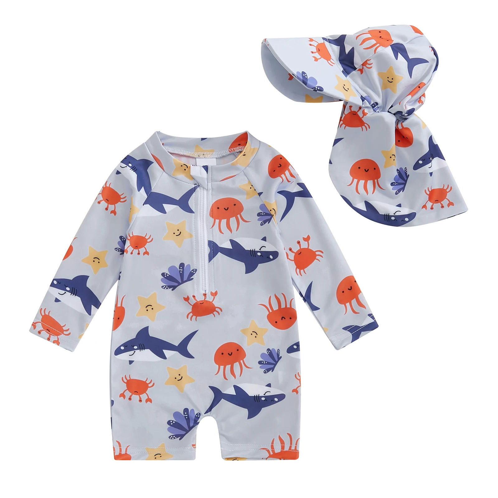 2 Pcs Set Leaves Whale Pattern Zip Up Long Sleeve Crew Neck Baby Boy Swimwears Toddler Baby Boy Rash Guard Swimsuit with Hat