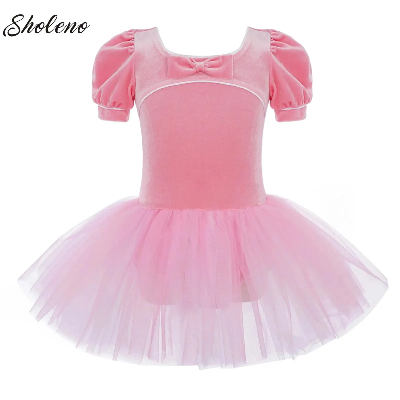 

Stage Tutu Ballet Dresses Kids Cute Princess Bow Short Puff Sleeves Velvet Tulle Dress Children's Dance Practice Girls Clothes