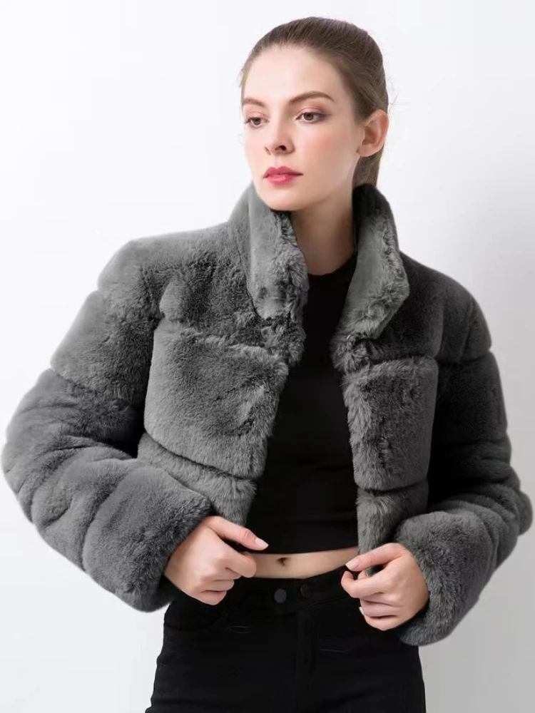 Krótka kurtka ze sztucznego futra królika, patchworkowa kurtka pluszowa ze sztucznej skóry, jednolita stójka, damskie futrzane kurtki zimowe z długimi rękawami, puszyste topy.