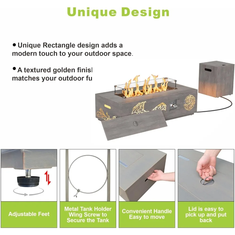 42 tavolo per braciere a propano da esterno illuminato a LED con 50.000 BTU, protezione antivento, coperchio, rocce e copertura per uso nel patio