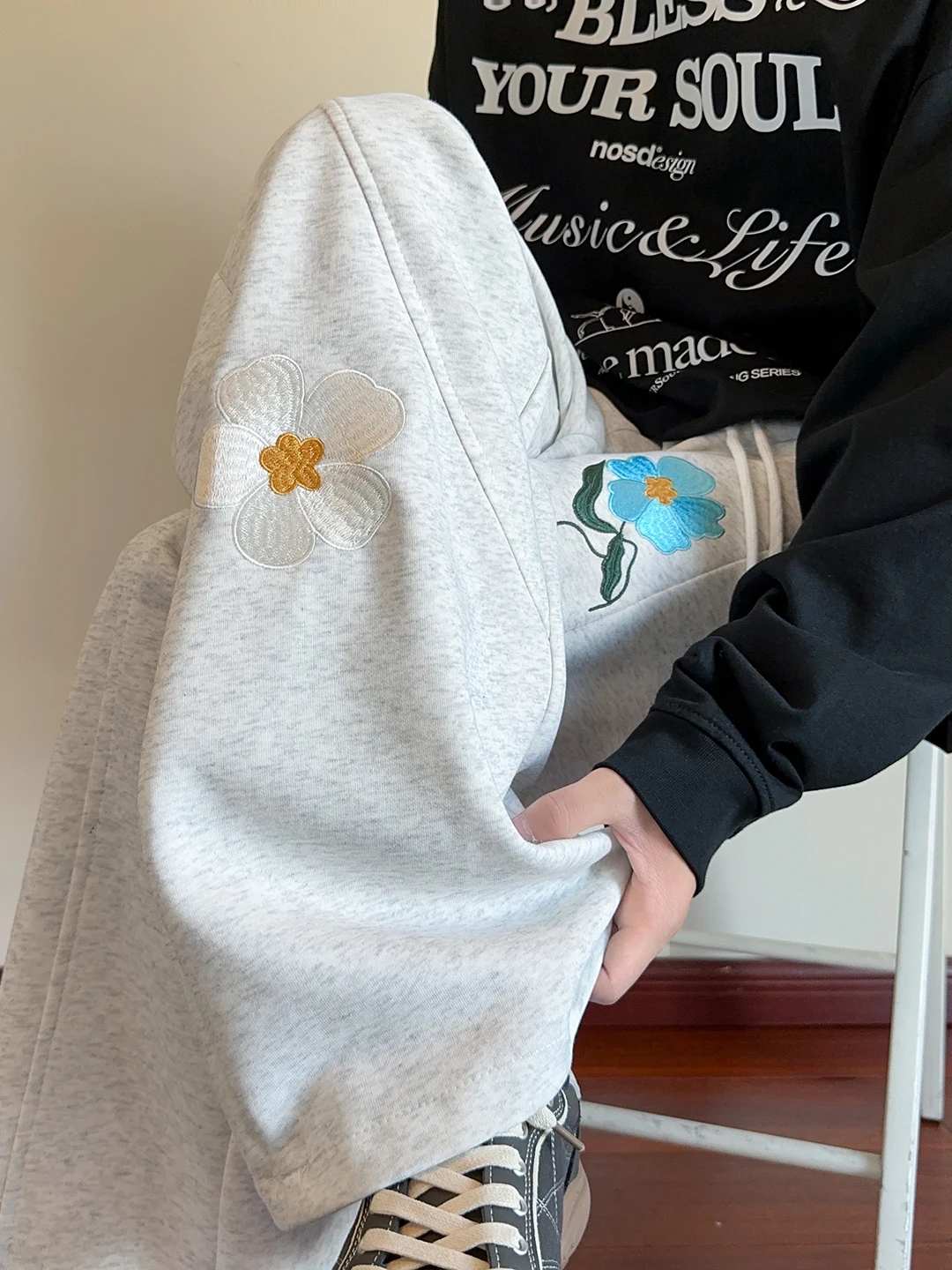 

American Sle Heavy Embroidery Men's Sweatpants Loose Drapey Spor Long Trousers Straight Wide Leg Casual Long Pants