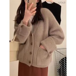 2023 New Autumn/winter Fashion Loose Fitting Casual Cardigan Plush V-neck Button Long Sleeved Solid Color Sweater Women's Top