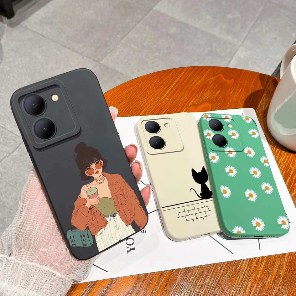 For Vivo Y36 5G Phone Cover Matte Soft Liquid Silicone Case Shockproof Anti Drop Shell Fashion Daisy Cat For VivoY 36 Funda Capa