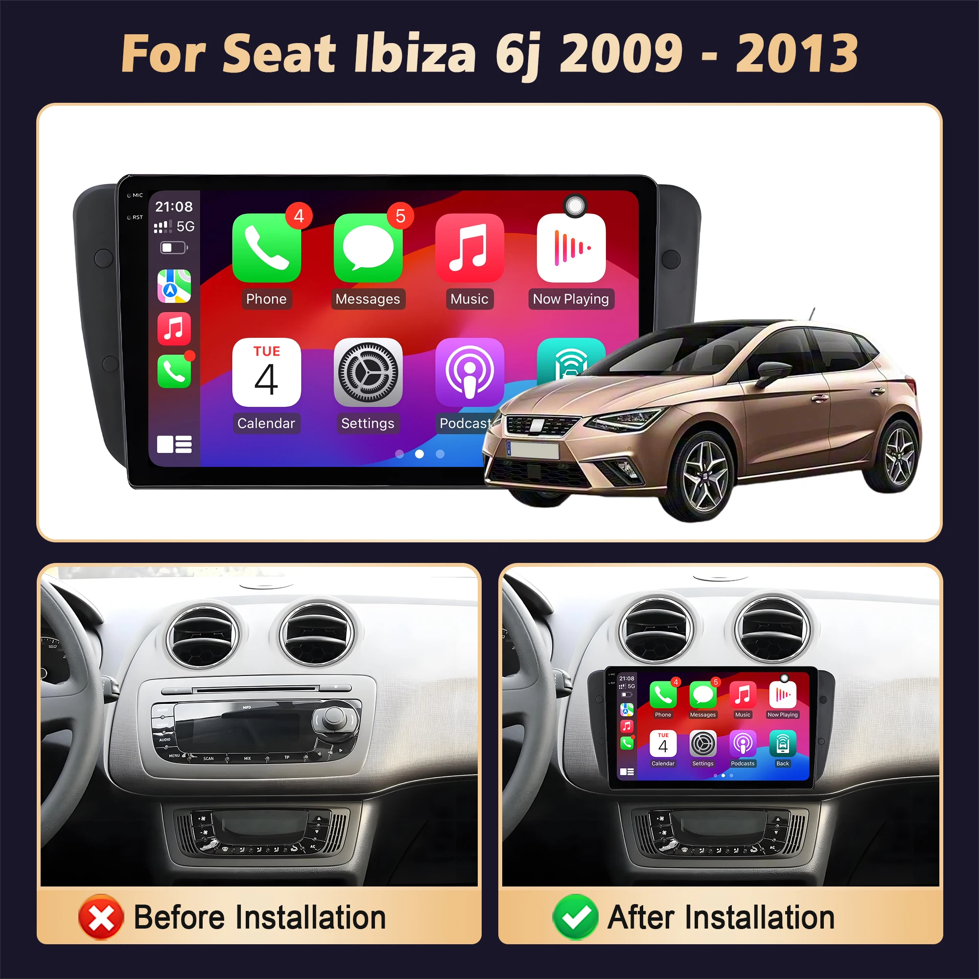 9 inch Car Radio Android 16 For Seat Ibiza 6j 2009-2013 BT Carplay Multimedia Navigation Head Unit 2K QLED Screen