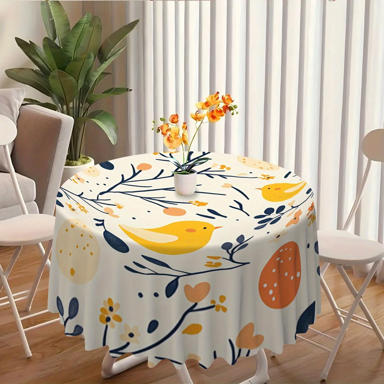 A complexly packaged tablecloth with digital printed floral design made of polyester material.