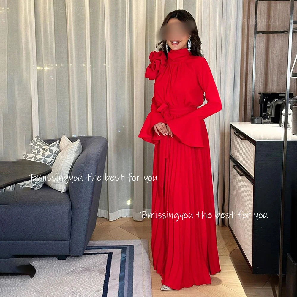 Red Chiffon Prom Party Dresses for Women Dubai Formal Evening Dress with Flower Long Sleeve Evening Party Attire Customized