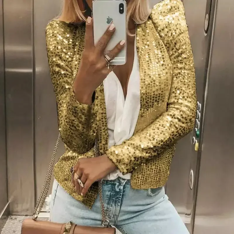 Female Baseball Aviator Coats Short Sequin Skinny Slim Women's Bomber Jackets With Rhinestones Demi-season New in Outerwears