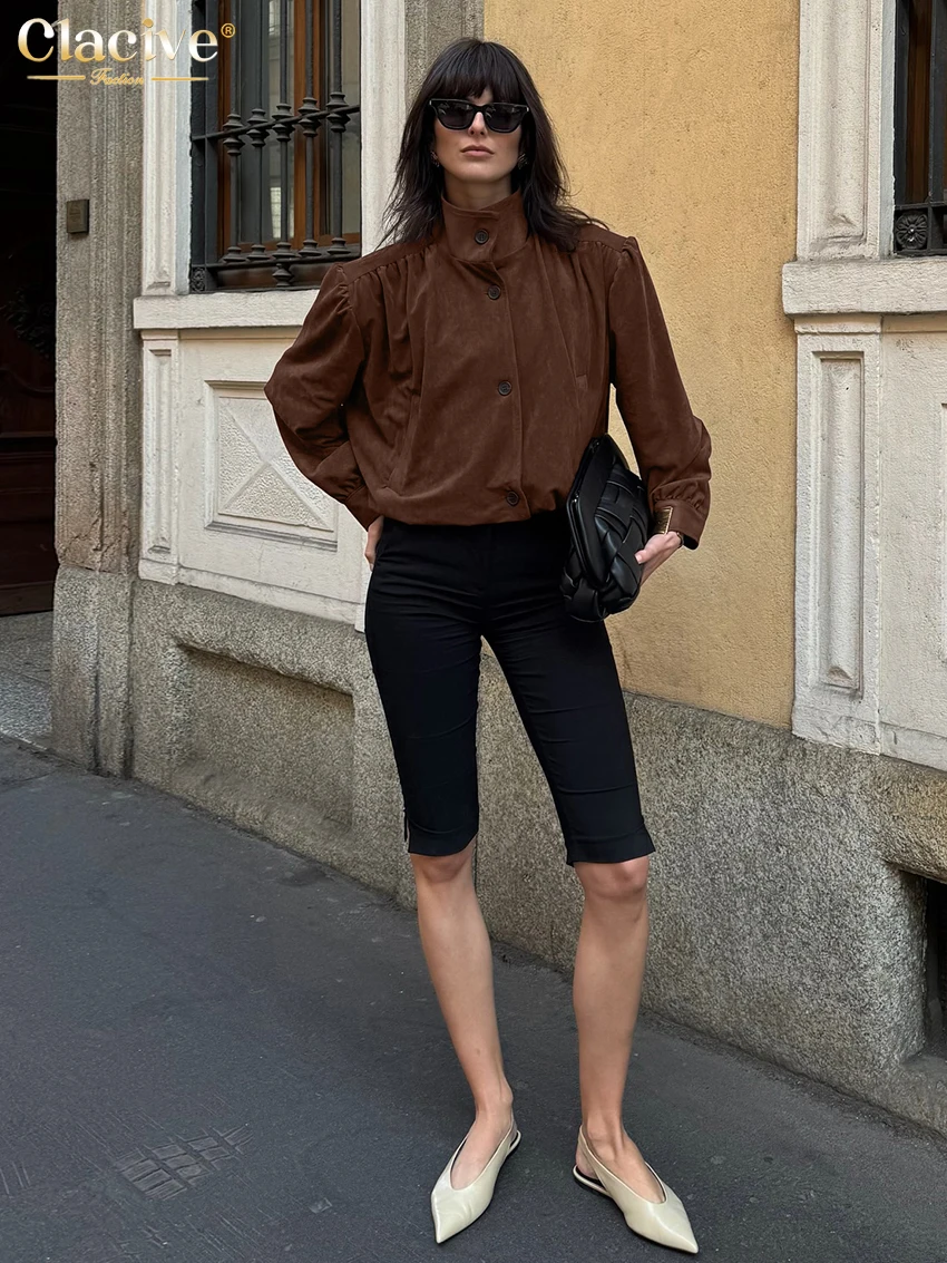 Clacive Winter Lose Braun frauen Hemd 2025, Mode Stehen Kragen Langarm Shirts Elegante Klassische Solide Top Weibliche Kleidung