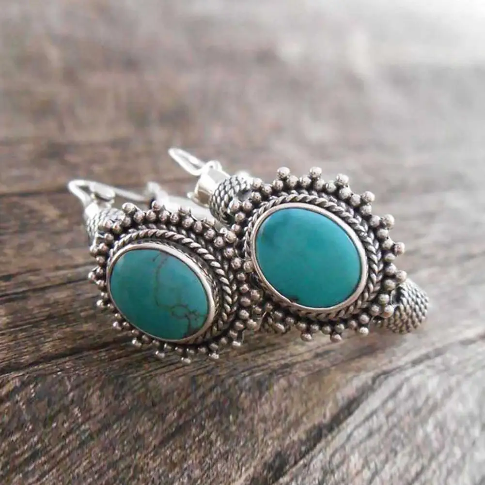 1 Pair Blue Turquoise Bohemia Retro Earrings Unique Carved Oval Piercing Hoop Earrings Jewelry Accessories