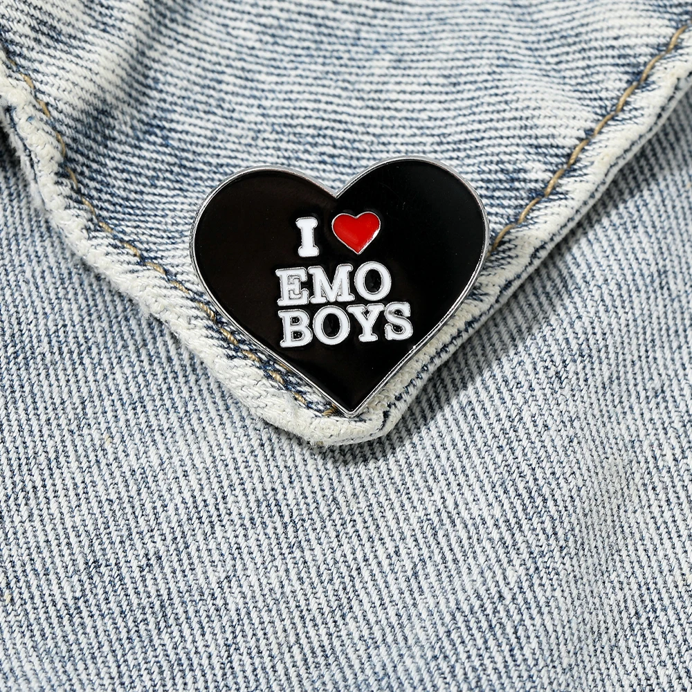 New I Love EMO Boys Heart Pins Black And White Enamel Letter Brooches Valentine's Day Gift