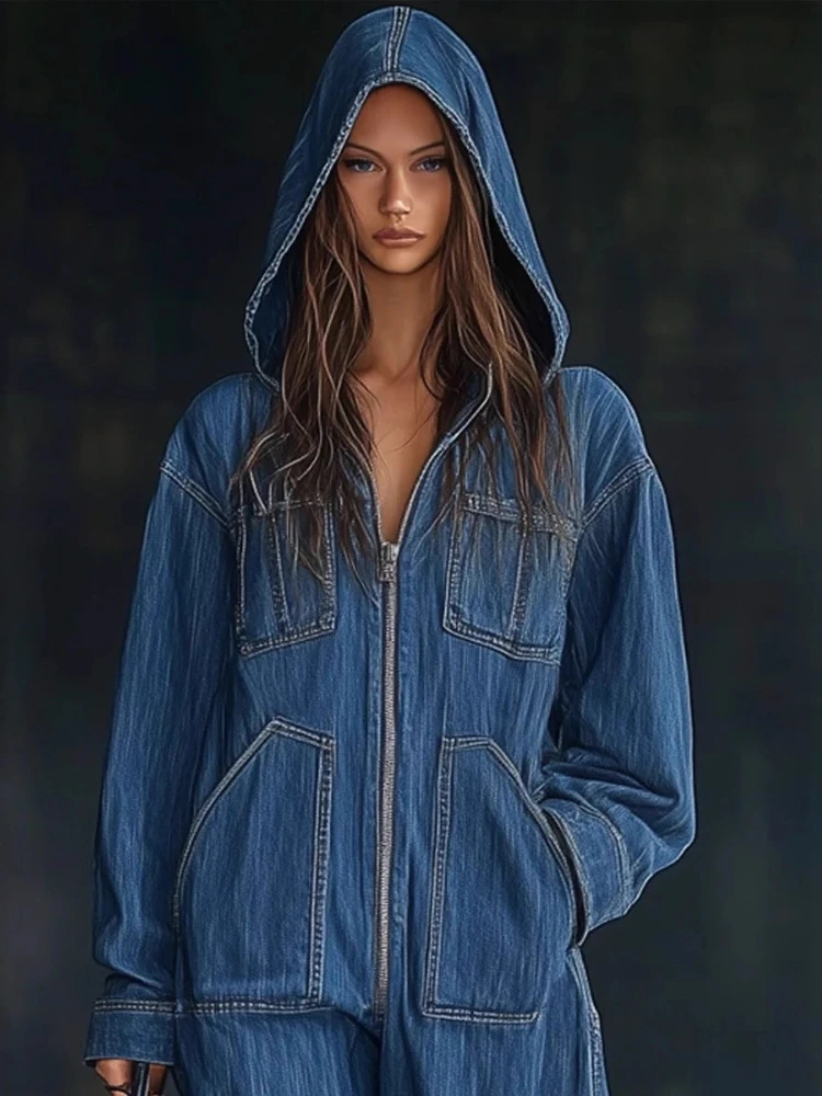 女性デニムジャンプスーツ秋冬長袖ジッパー緩いファッションストリートオーバーオールワイドレッグパンツジーンズ 2025