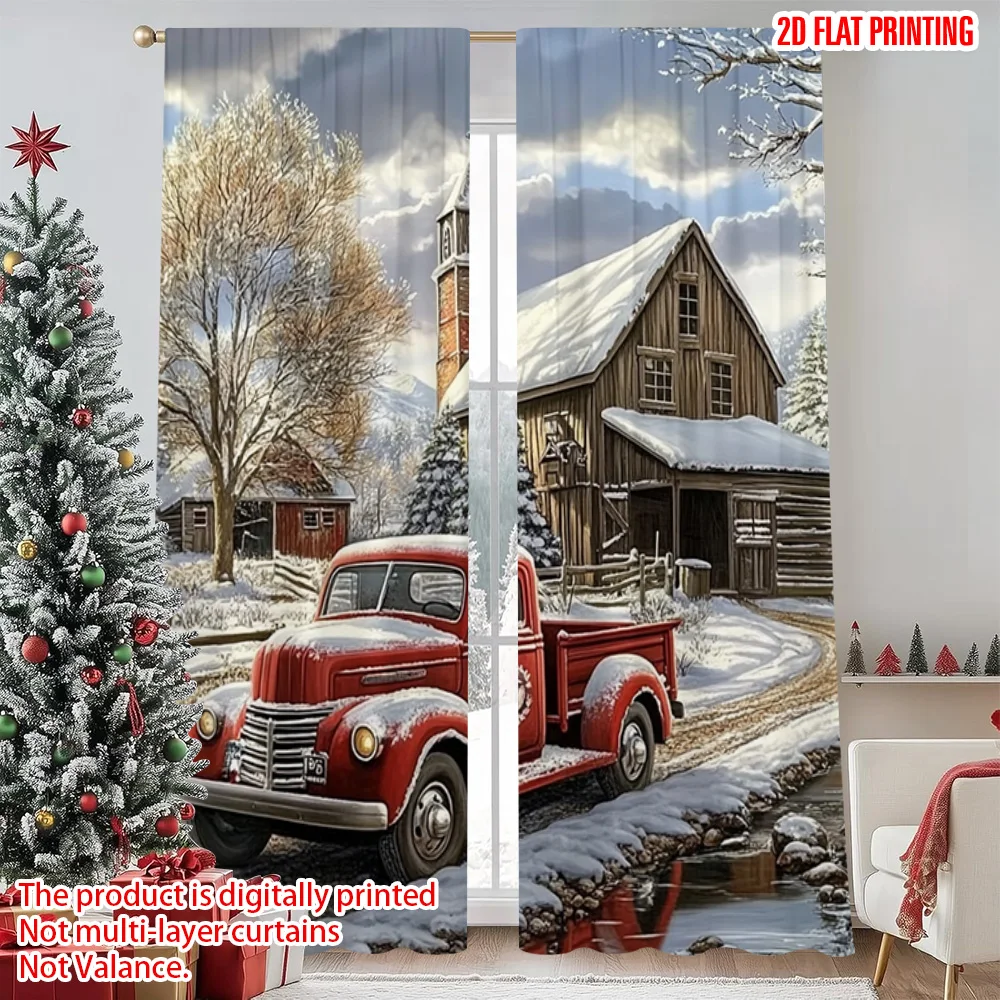 

2pcs 2D flat printing Christmas Drapes Snow nostalgia Machine Washable Polyester Without Electricity Holiday Decorations Use for