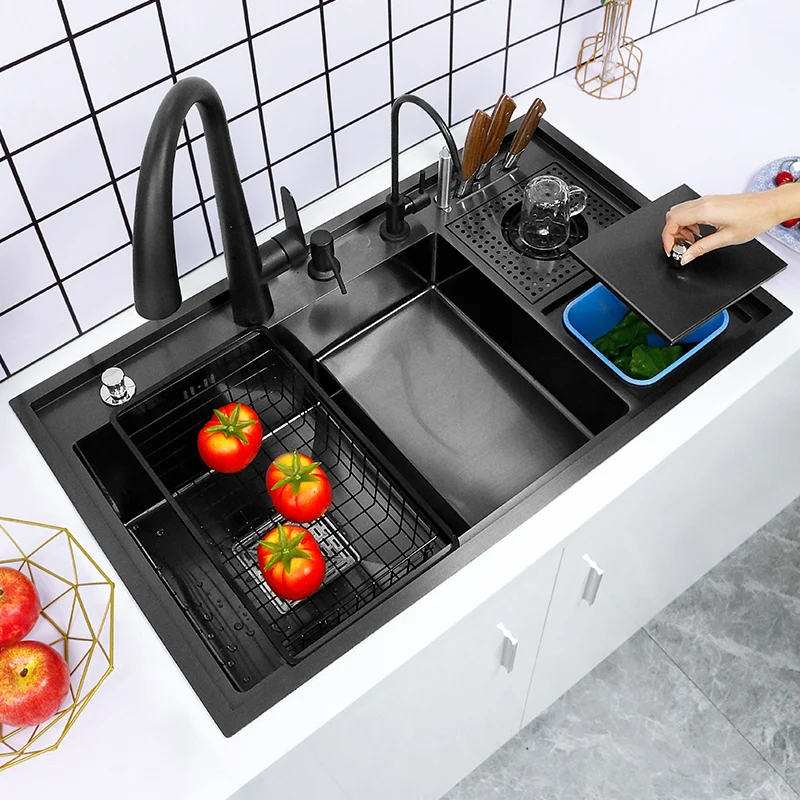 Nano Kitchen Sink Cup Washer Large Single-slot Manual Ladder Wash Basin Multi-functional High And Low Trash Can With Knife Holde