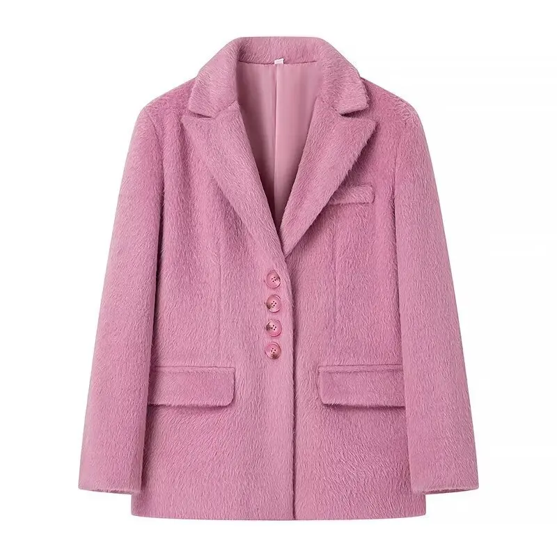 Women Fashion Pink Lapel Long Sleeves Blazer Jacket Warm Thick Single Breasted Loose Outwear Office Lady Commute Streetwear