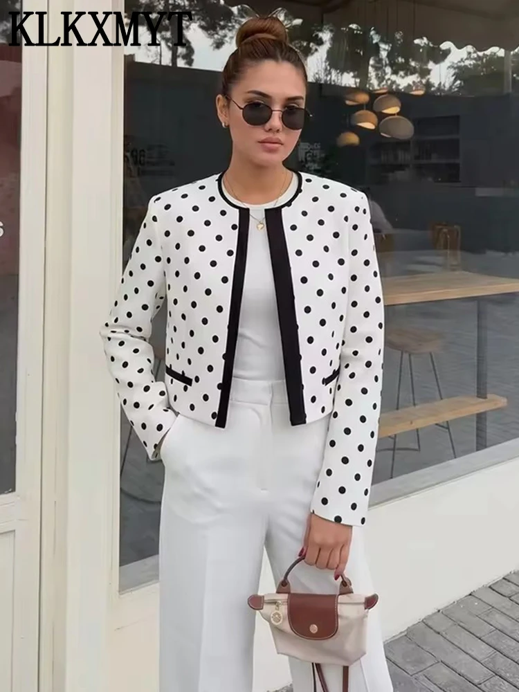 

KLKXMYT Women's Blazer Spring Summer 2026 Polka Dot Slim Fit Suit Jacket Round Neck Long Sleeve Elegant Commute Blazers Coat ﻿ ﻿
