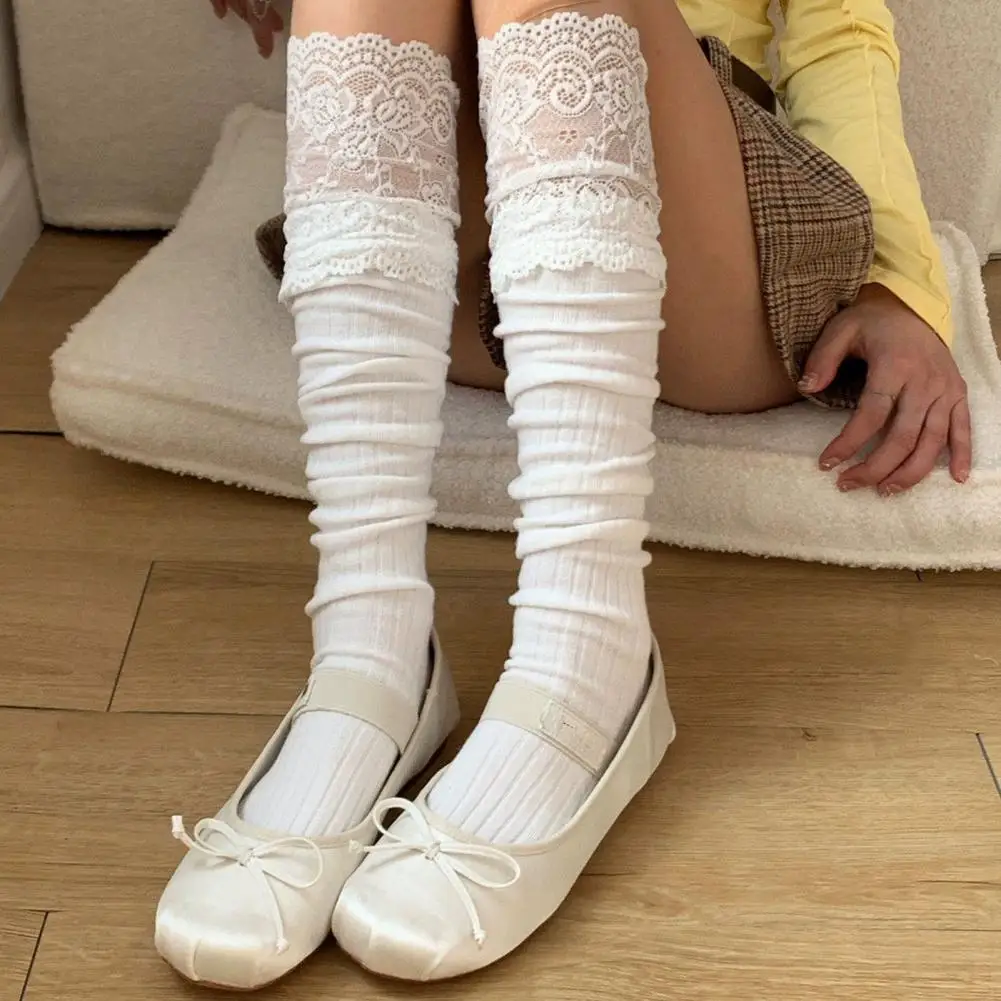 1 Pair Women Long Socks JK Stockings Lolita Lace Ultra-thin See-through Hollow Out Japanese College Style Mid Tube Pilded Socks