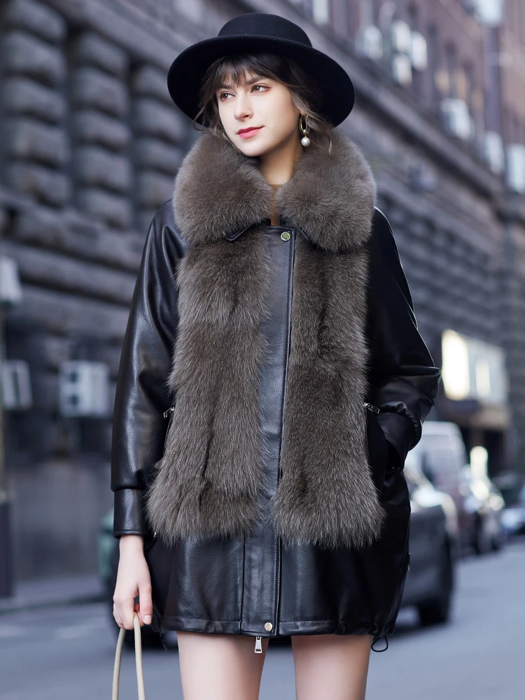 YOLANFAIRY جلد طبيعي أسفل سترة المرأة الثعلب الفراء طوق فضفاض معطف جلد الغنم المرأة سترات من الجلد ملابس السيدات أنيقة