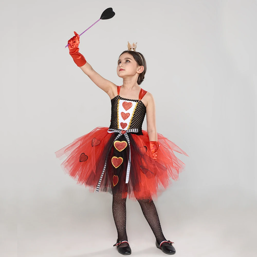 Girls Queen of Hearts Costume Kids Halloween Dress up Fancy Tutu Dress with Crown Classic Wonderland Red Queen Gown Clothes