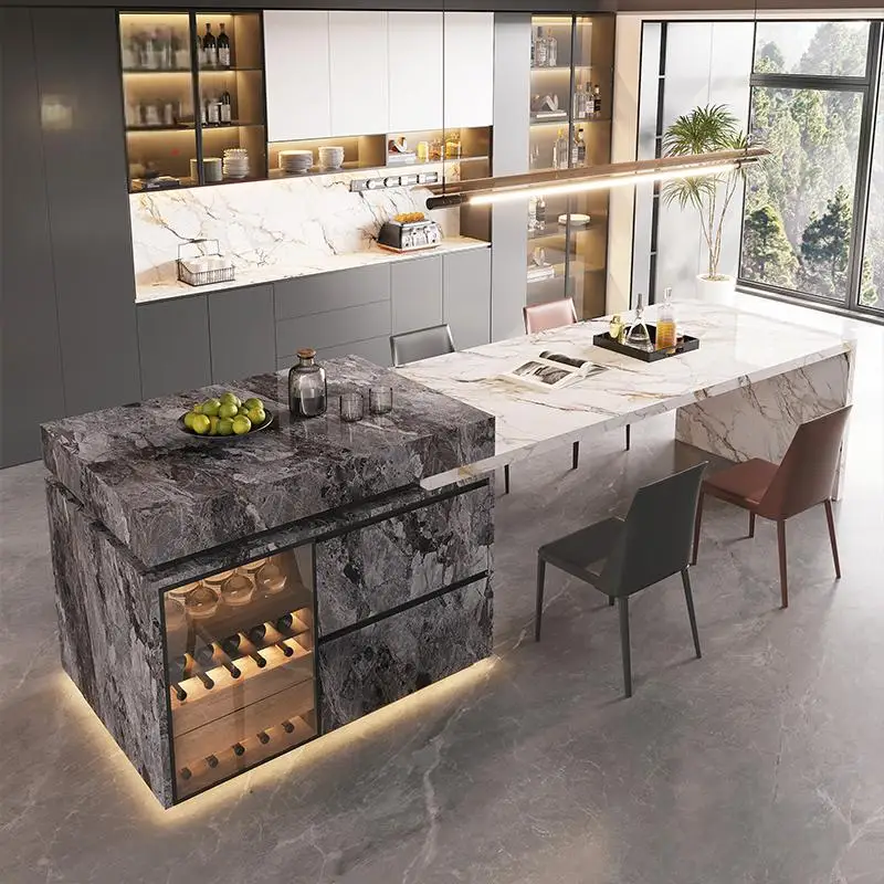 

Luxury Retractable Porcelain Island Table w/Luxury Stone - Extendable Custom Workstation for Open-Concept Kitchen&Breakfast Bar