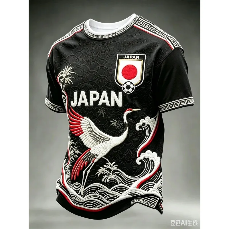 2026 Men's Crew Neck T-Shirt for Japan National Men's Football Team,  With 3D Print Giant Red-Crowned Crane Pattern