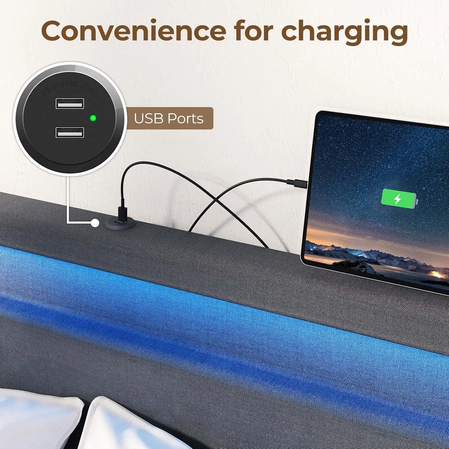 Cadre de lit double avec lumières LED et station de recharge, lit à pied solutions avec veilleuse activée par le mouvement et lamelles en bois, foncé