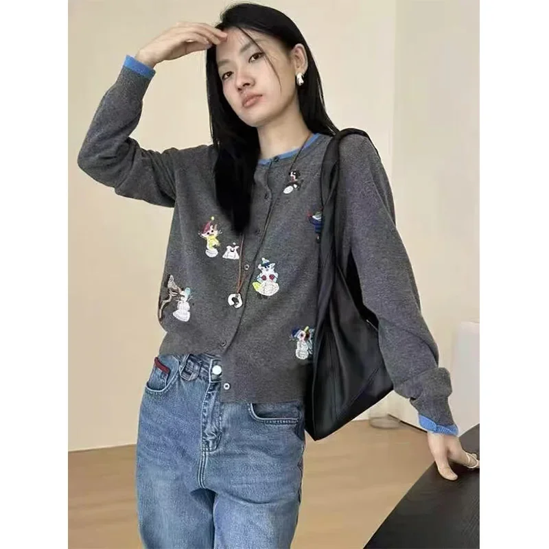 Women\'s Clothing New Fashion Cartoon Embroidery Gray Knitted Cardigan Autumn Winter Slim O-neck Casual Thin Soft Wool Sweaters