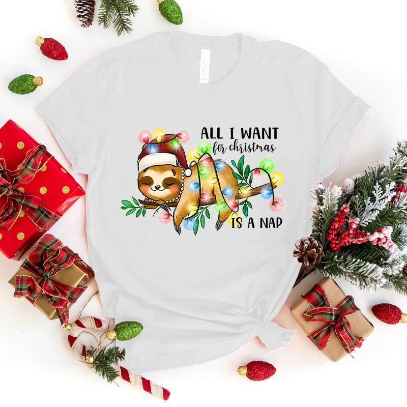 (Premium T-shirt)Cute Christmas Sloth All I Want For Christmas Is A Nap Printed T-Shirts Women Short Sleeve Funny Round Neck Tee