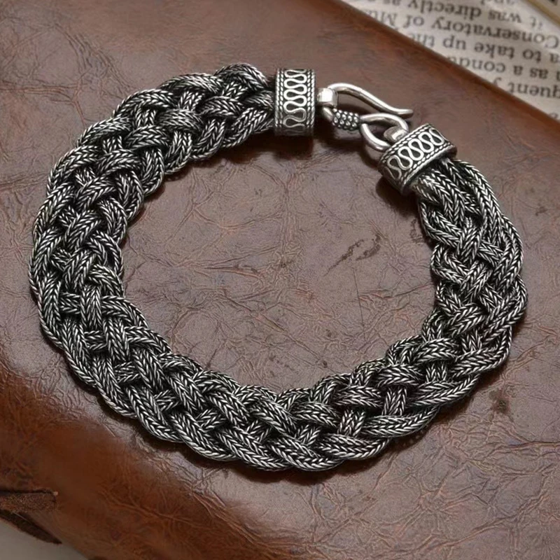 

Real 925 Sterling Silver Bracelet For Men Women13mm Vintage Handmade Weave Foxtail Link Pure Silver Hand Wrist Boyfriend Gift