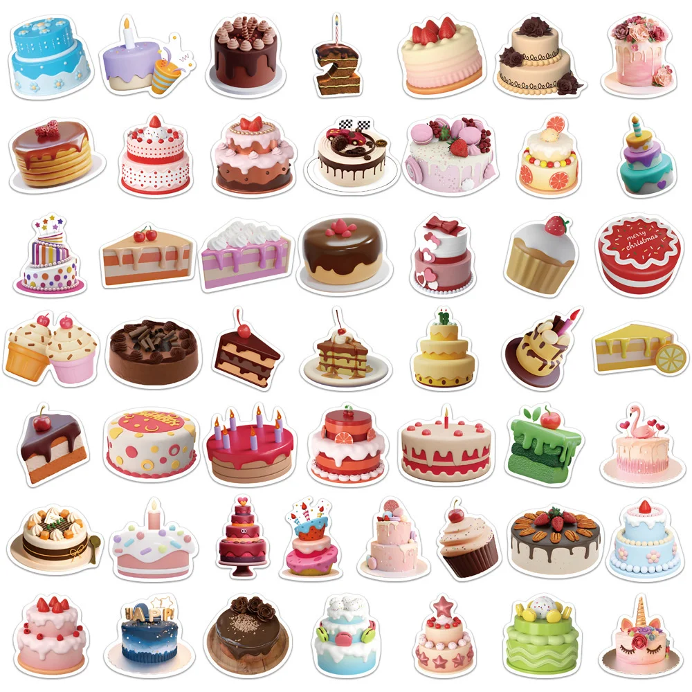 50pcs 3D Birthday Cake Stickers For Laptop Scrapbook Craft Supplies Scrapbooking Material Stationery Gift Kids Sticker Vintage