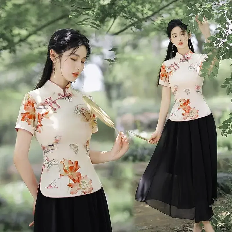 

Женская элегантная рубашка с цветочным принтом Hanfu Tang, улучшенный топ в китайском стиле, женские винтажные топы Qipao, блузка Cheongsam
