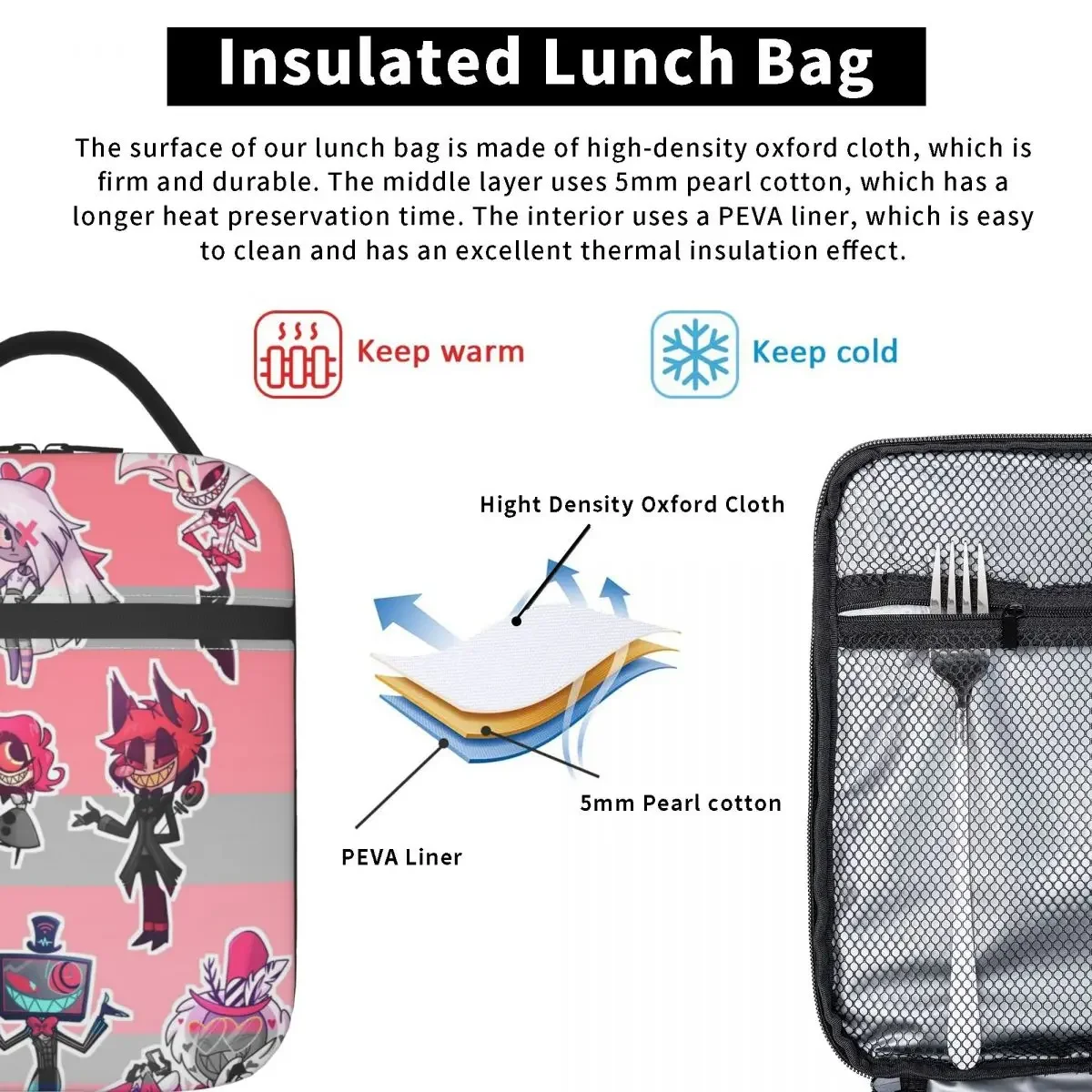 Hazbin Hotels Anime Insulated Lunch Bag Alastor Angel Dust Storage Food Box Reusable Cooler Thermal Lunch Boxes For Picnic