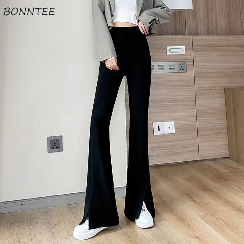 Pants Women Solid Front Split Wide Leg High Waist Slim Korean Style Basics Casual Breathable Soft Fashion Office Ladies 3XL