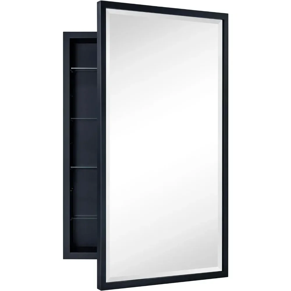 Black Recessed Bathroom Medicine Cabinet with Mirror Squared Corner Rectangle Metal Framed Medicine Cabinet with Beveled Mirror