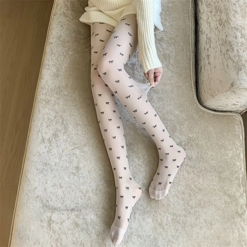 Sexy Bow Pattern Tights Woman Black White Stockings Transparent Thin Y2K Lingerie Party Club Pantyhose.