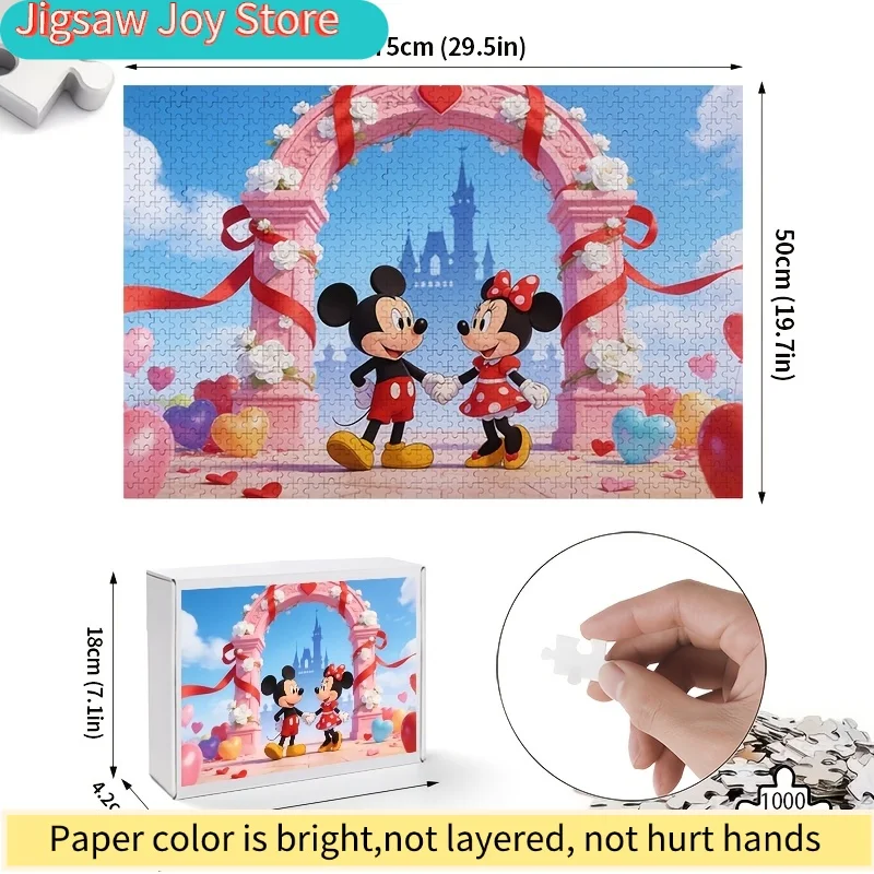 2D platte puzzel, 1000 stukjes Mickey & Minnie Mouse bloemenboog - Romantisch Valentijnsdag cadeau voor koppels, klassiek cartoonontwerp
