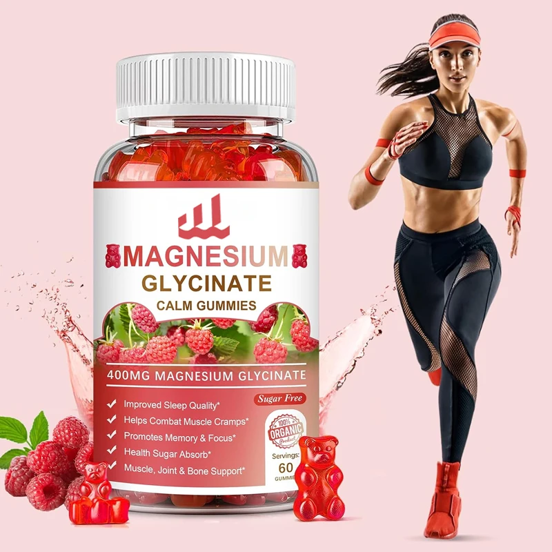 Glycine magnesium gummies 400mg - Sugar free magnesium potassium supplement for adult calm and sleep -60 raspberry gummies