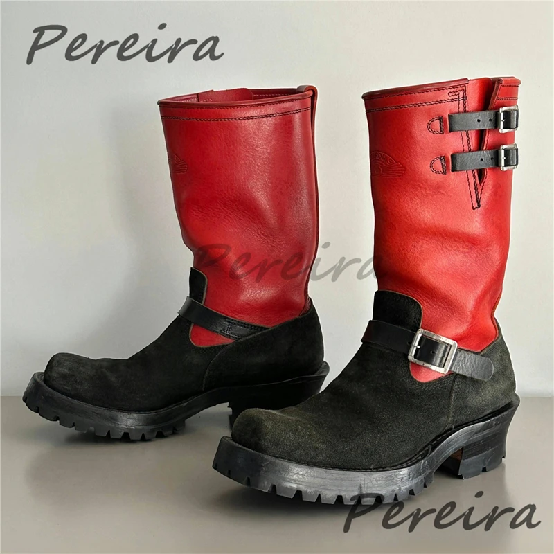 

Retro Black and Red Spliced Motorcycle Boots Belt Buckle Square Toe Thick Soled Suede Leather Chelsea Boots Trend Men's Shoes