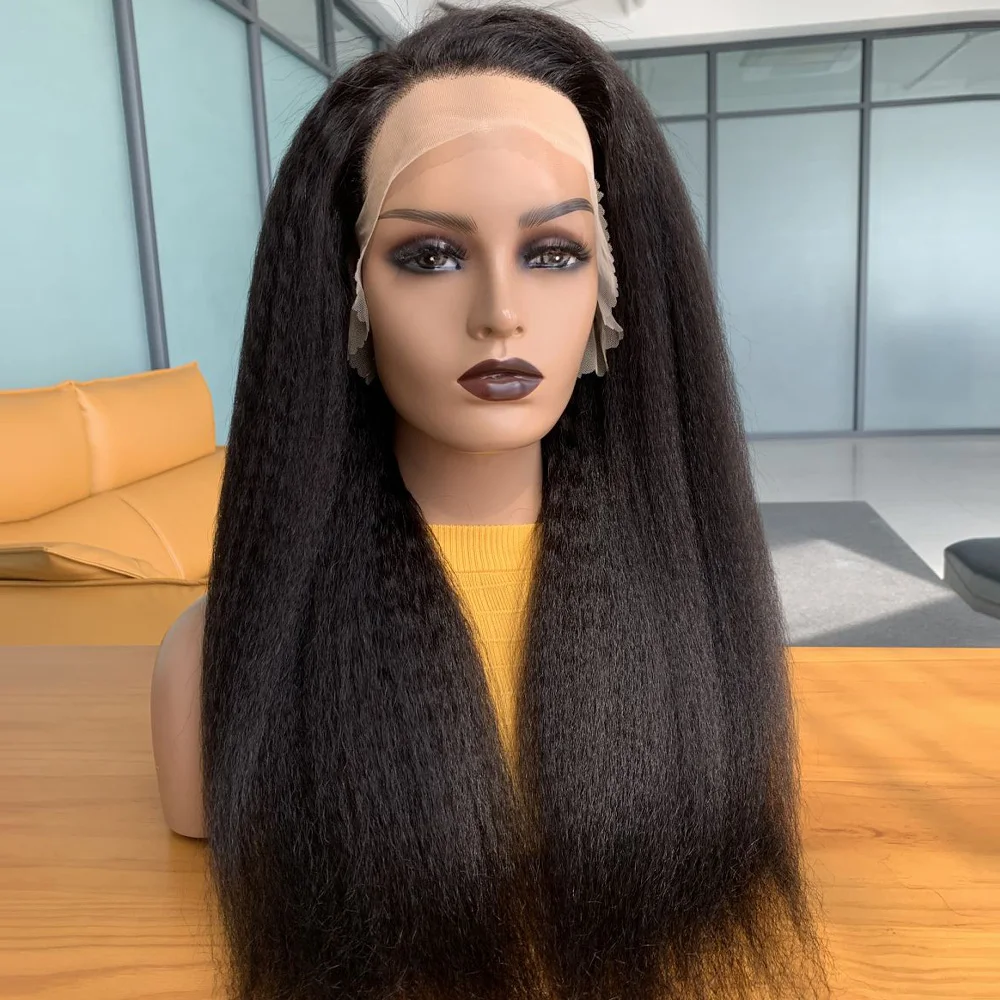 Yaki 26Inch Black Soft Long Lace Front Wig Kinky Straight For Black Women With BabyHair Preplucked Synthetic Glueless Daily Wig