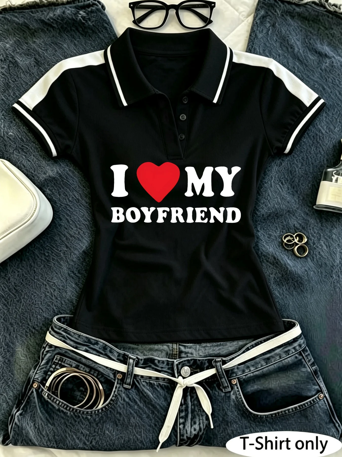 Women's Y2K Crop Polo Shirt, Funny I Love My Boyfriend Heart Letter Print Color‑Block Short Sleeve Collared Slim Fit Casual
