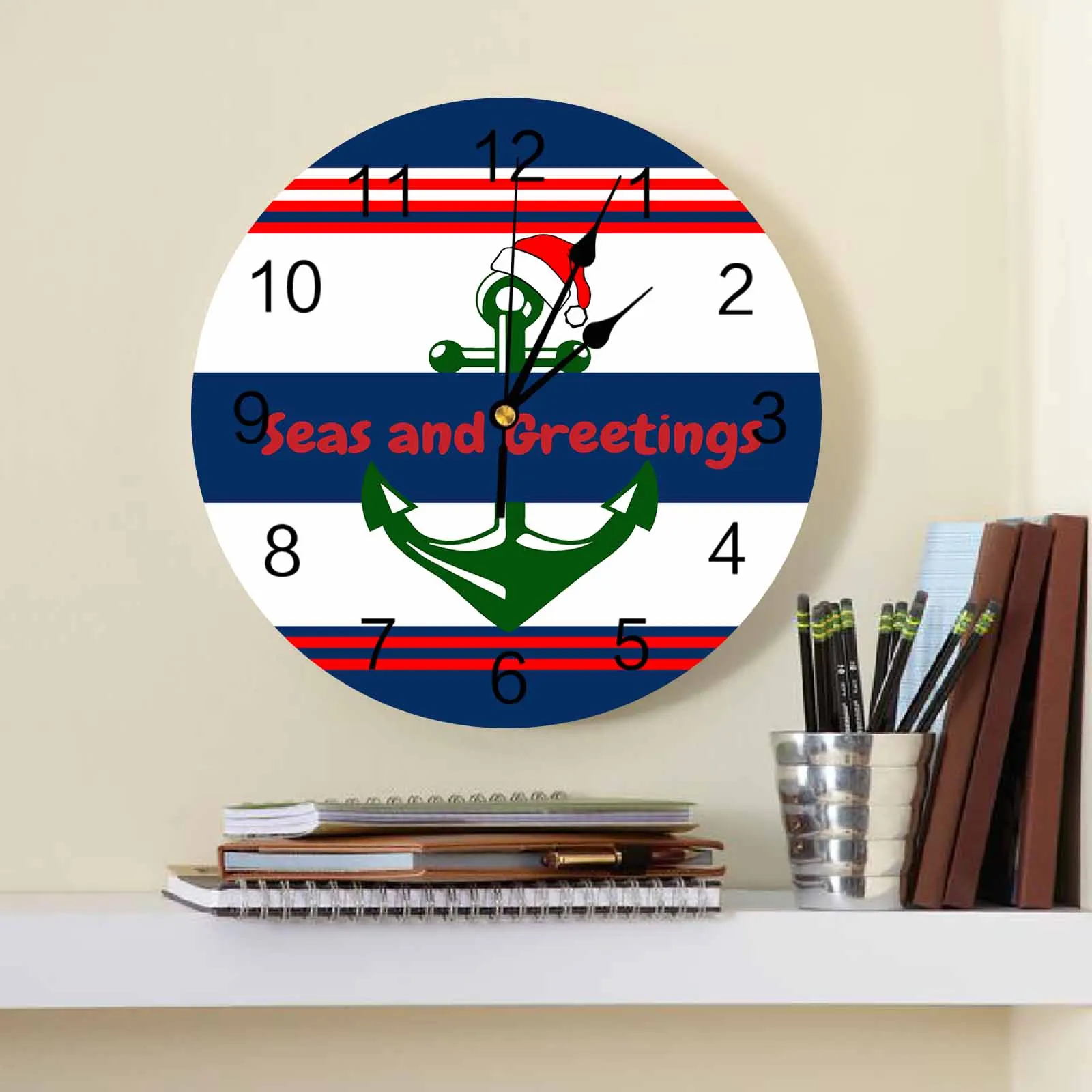 Christmas Boat Anchor Christmas Hat Lines Wall Clock Large Modern Kitchen Dinning Round Wall Clocks Bedroom Silent Hanging Watch