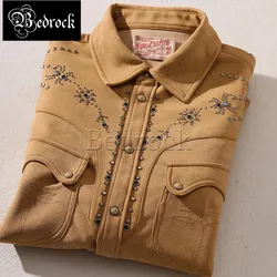 MBBCAR Distressed Khaki Western Shirt For Men 250g Suede Nail Bead Slim Fit Pockets Lapel Long Sleeve Shirt 9383