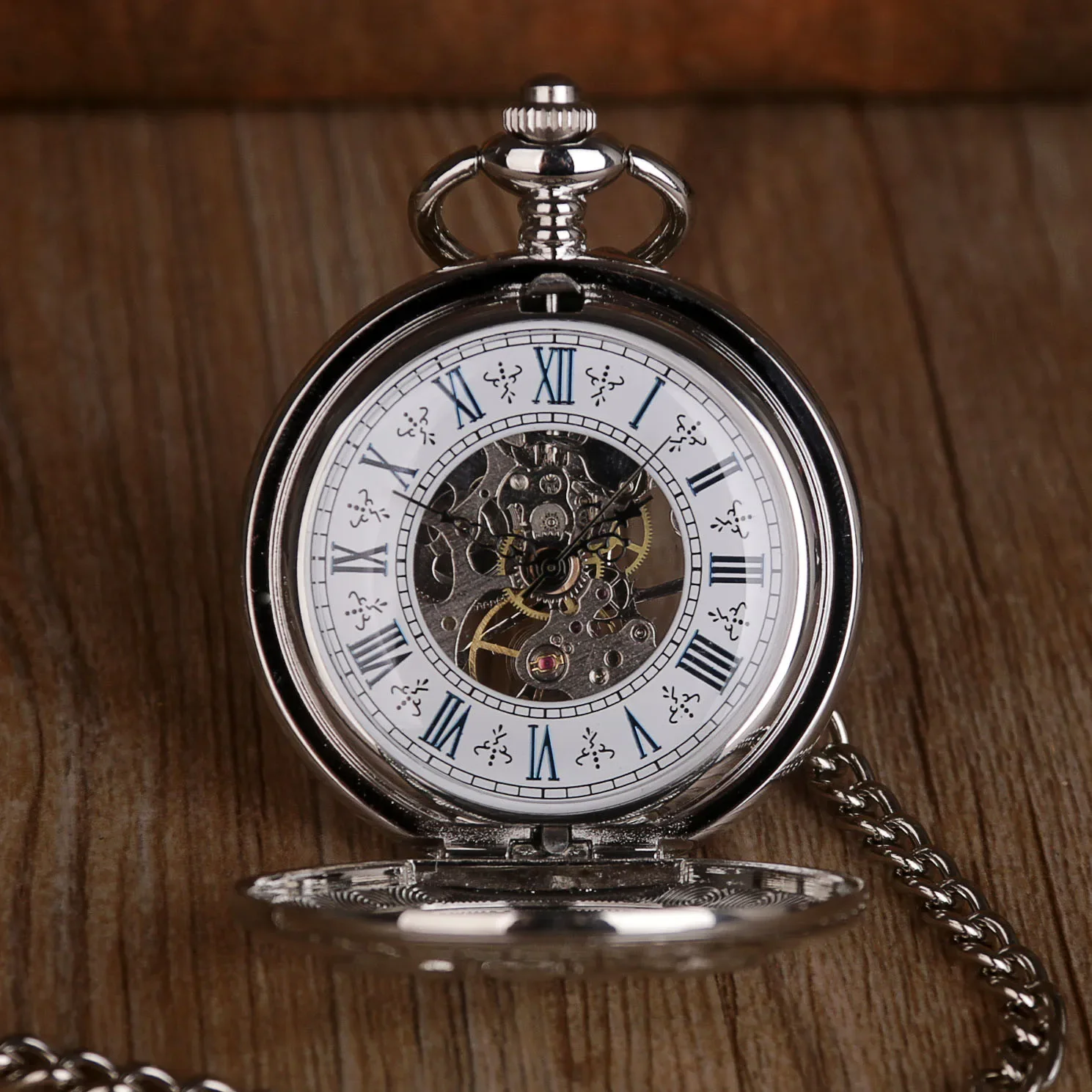 Mechanical Pocket Watch Elk Pattern Roman Numerals Dial Manual Machinery Silver Fob Chain Pendant Clock Male