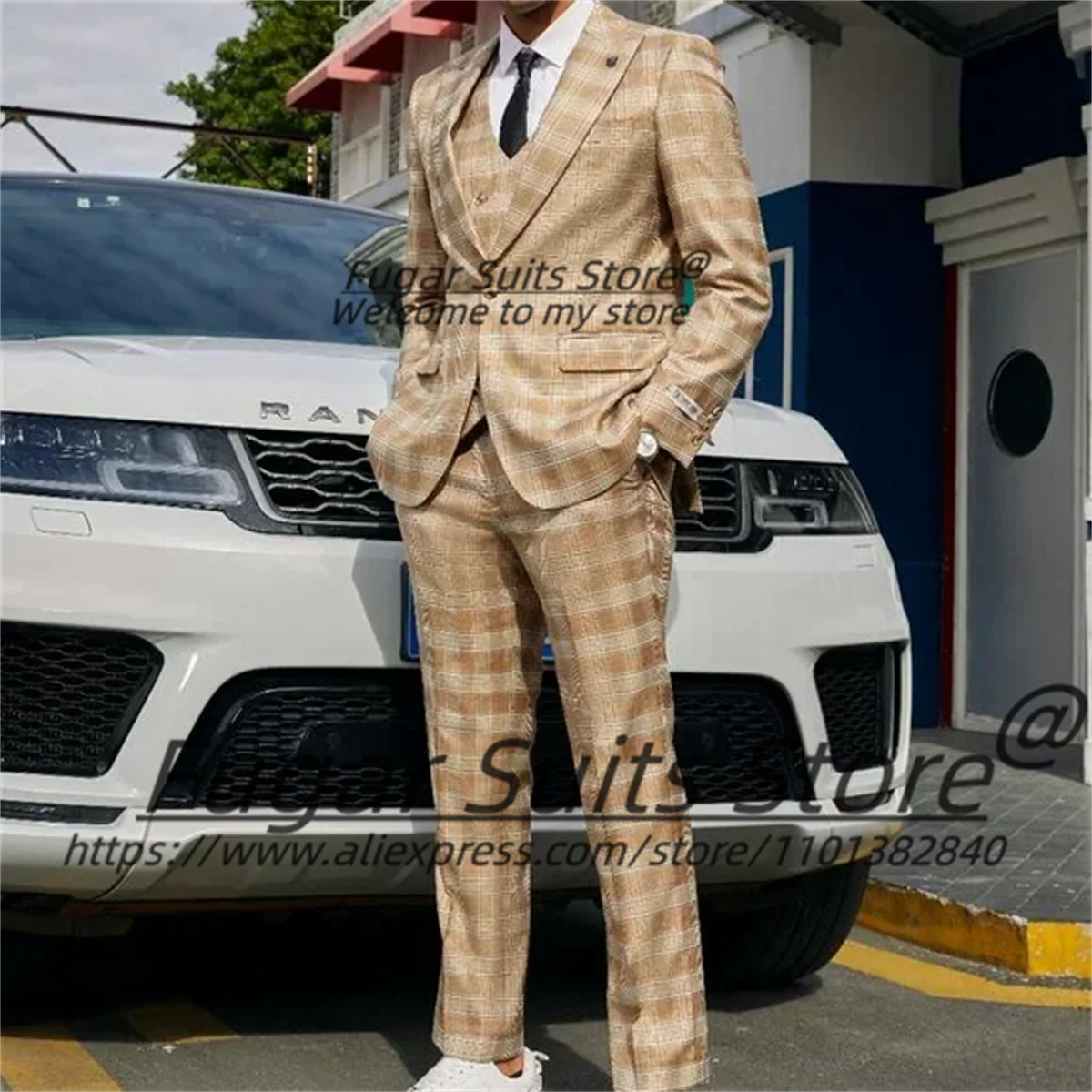 

Italian style Classic Plaid Men Suits Customized Slim Peak Lapel Groom Wedding Tuxedos 3 Pcs Sets Male Prom Blazers Ropa Hombre