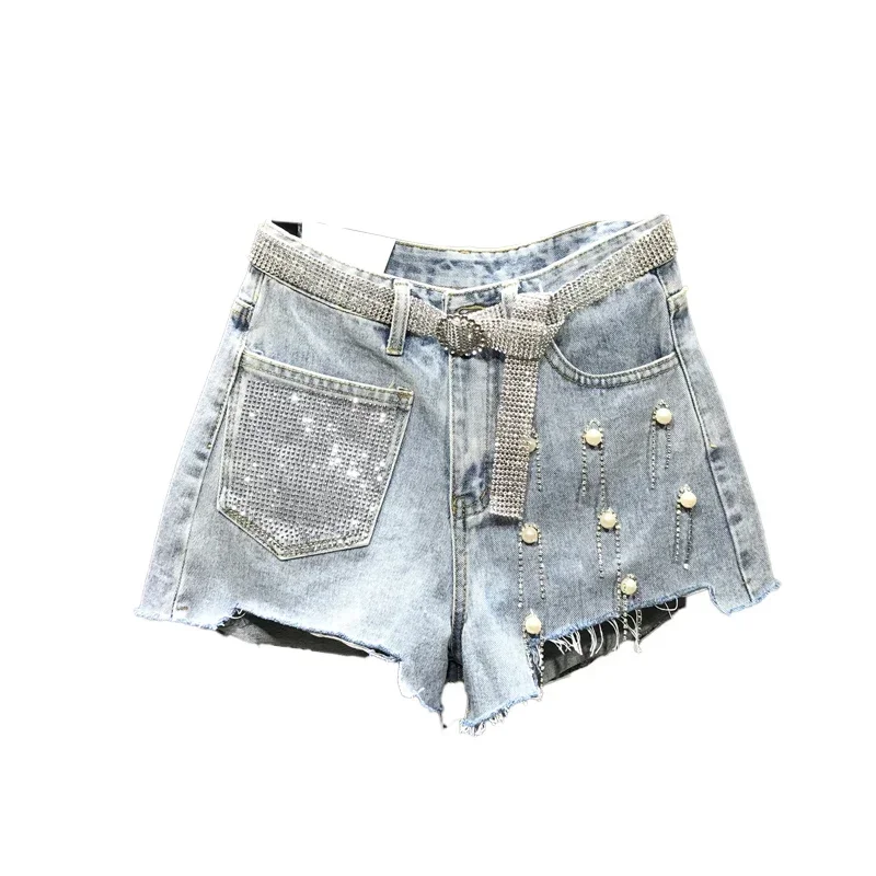 Summer Ladies Womens High Waisted Rhinestone Tassel Ripped Irregular Blue White Denim Shorts  Woman Korean Jeans Shorts
