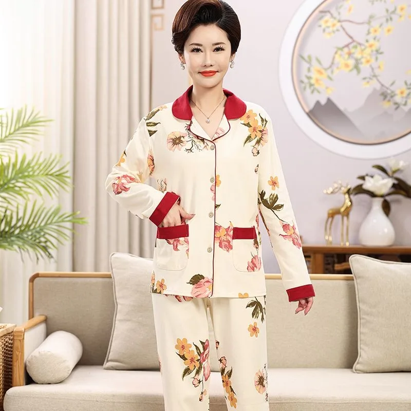 Women Spring Autumn Pajamas Middle Aged Elderly Pure Cotton Pyjamas Long Sleeve Plus Size Nightdress Solid Color Thin Sleepwear
