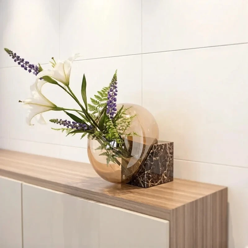 Brown Round Glass Vase Natural Marble Base Flowers Pots Desk Decoration Flower Arrangement Floral Vases Modern Home Decor